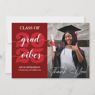 Trendy Calligraphy Dark Red Photo Graduation Thank You Card