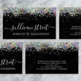 Trendy Calligraphy Script Black Silver Glitter Business Card