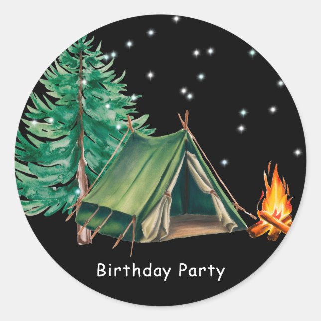 Trendy Camp Out Boy's Birthday Party Classic Round Sticker (Front)