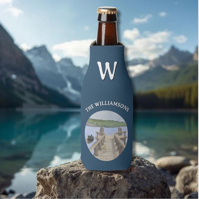 Trendy Can Cooler Watercolor Dock Lake Mountains  (Creator Uploaded)