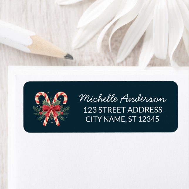 Trendy Candy cane with Holly leaves Return Address (Insitu)