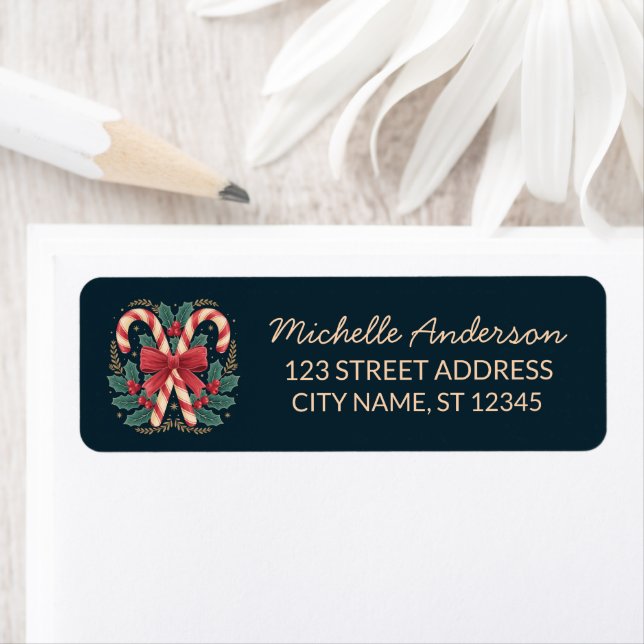 Trendy Candy cane with Holly leaves Return Address (Insitu)