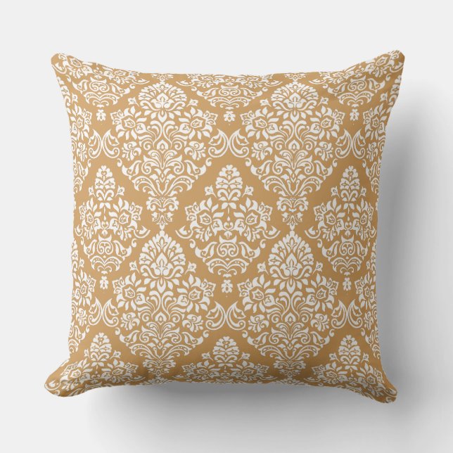 Trendy Carmel brown and White Damask Pattern Throw Pillow (Front)