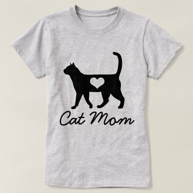 Trendy Cat Mom Cat Silhouette & Heart T-Shirt (Design Front)