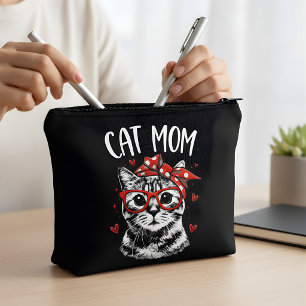 Trendy Cat Mom with Glasses & Bandana Black  Accessory Pouch