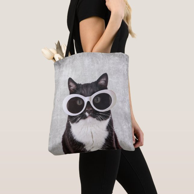 Trendy Cat with Sunglasses Tote Bag (Close Up)