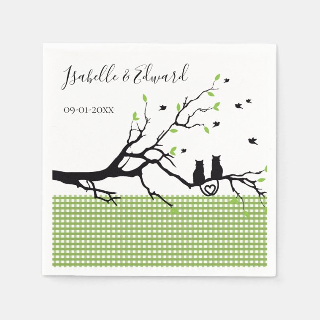 Trendy Cats In Love Moss Green Gingham Wedding Napkin (Front)