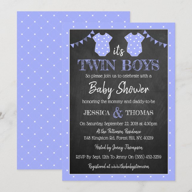 Trendy Chalkboard Twin Boys Baby Shower Invitation (Front/Back)