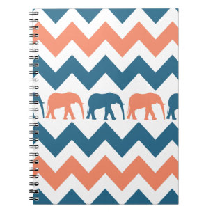 Trendy Chevron Elephants Coral Blue Stripe Pattern Notebook