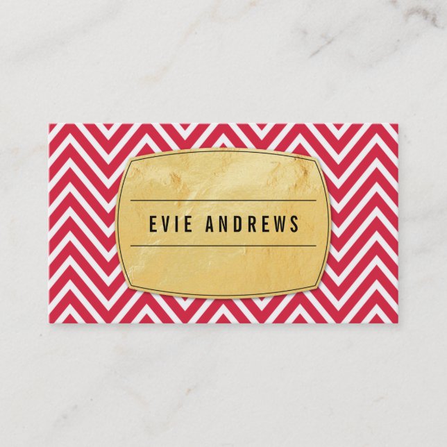 TRENDY chevron pattern gold foil badge bright red Business Card (Front)