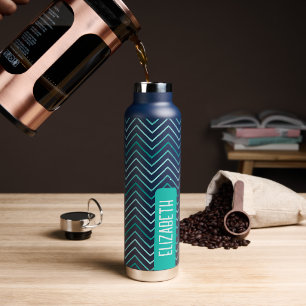 Trendy Chevron Pattern large name block teal green Water Bottle