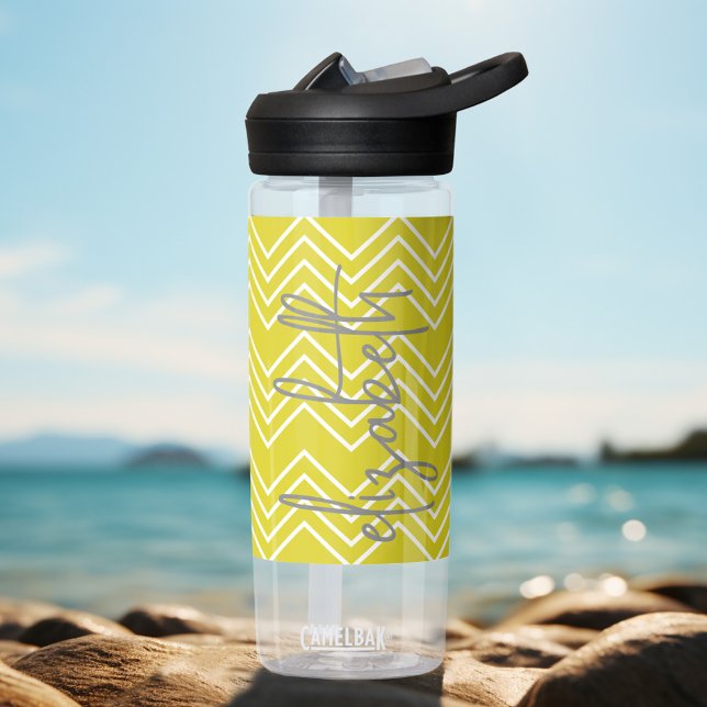 Trendy Chevron Pattern large script name yellow Water Bottle (Personalized water bottle with your name - trendy script)