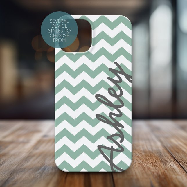 Trendy Chevron Pattern script name - mint grey Case-Mate iPhone Case (Personalized Phone Case with Chevrons and Custom Name)