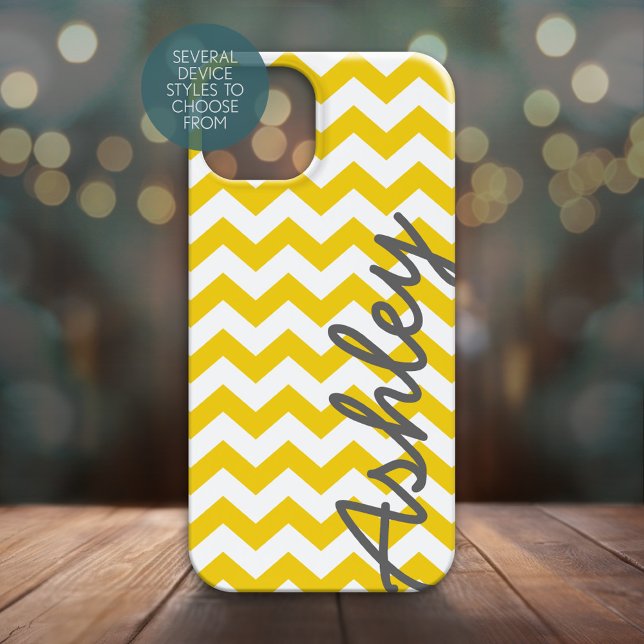 Trendy Chevron Pattern - script name yellow grey Case-Mate iPhone Case (Personalized Phone Case with Yellow Chevrons and Large Script Name on the Side)
