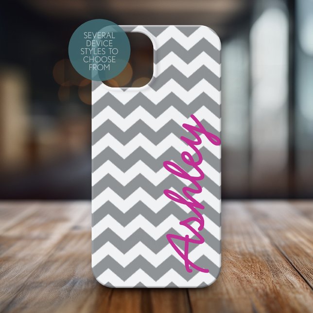 Trendy Chevron Pattern with name - pink grey Case-Mate iPhone Case (Personalized Phone Case with Chevrons and Custom Name)