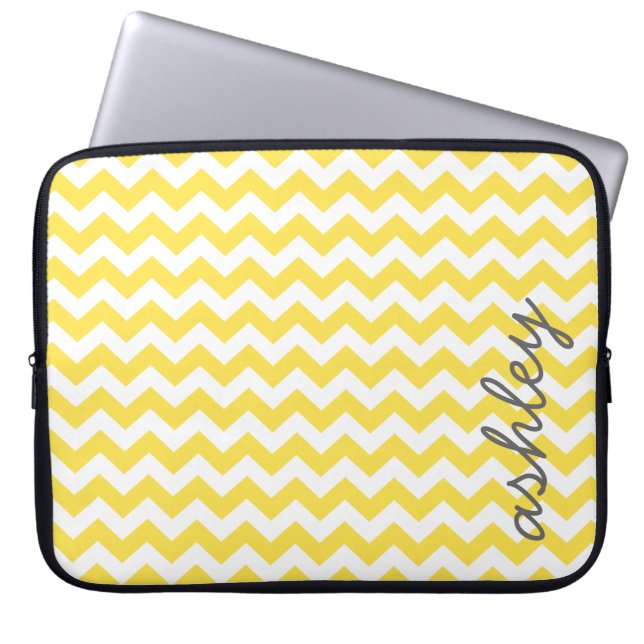 Trendy Chevron Pattern with name - yellow grey Laptop Sleeve (Front)