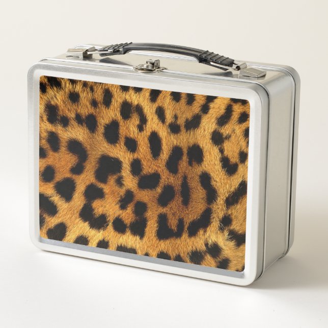 trendy chic animal pattern brown leopard print metal lunch box (Front)