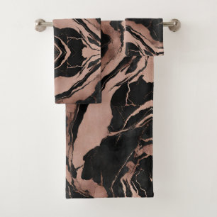 Trendy Chic Black Rose Gold Marble Bath Towel Set