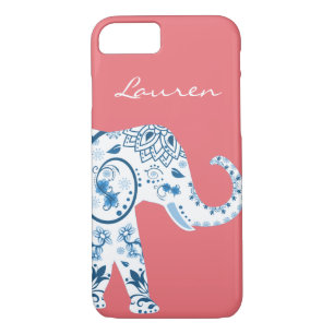 Trendy Chic Blue Bohemian Lotus Elephant & Name Case-Mate iPhone Case