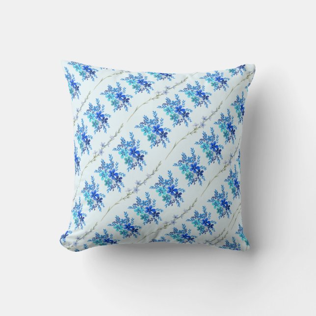 Trendy Chic Botanical Blue Watercolor Flowers Throw Pillow (Front)