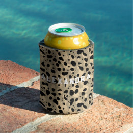 Trendy Chic Brown Beige Leopard Spots Pattern Name Can Cooler