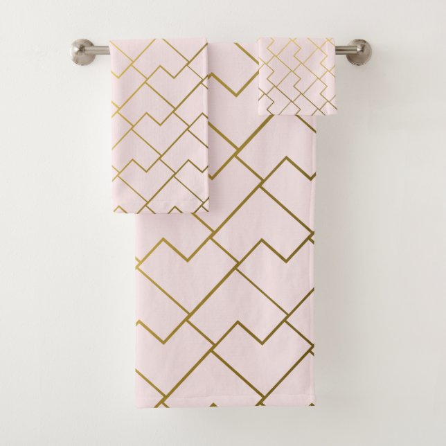 Trendy Chic Geometric Golden Blush Tiles Pattern Bath Towel Set (Insitu)