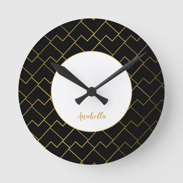 Trendy Chic Geometric Golden Blush Tiles Pattern Round Clock (Front)