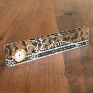 Trendy chic girly faux brown black leopard nameplate