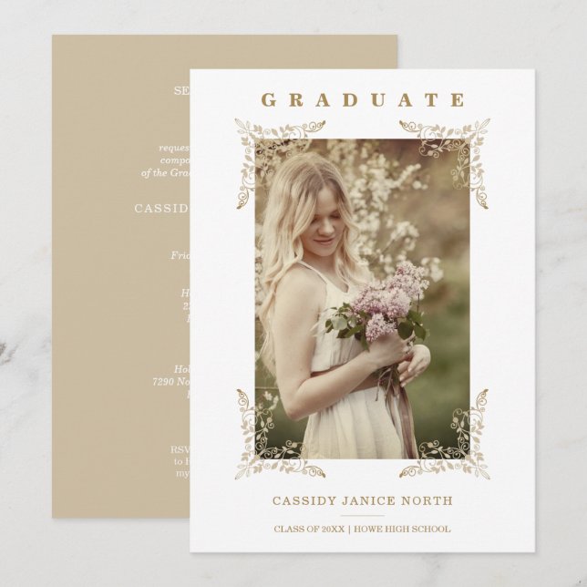 Trendy Chic Golden Lace Romantic Graduate Photo  Invitation (Front/Back)