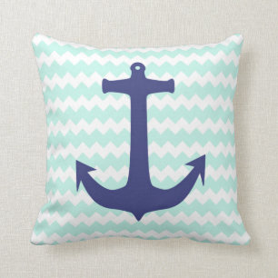 Trendy Chic Mint Chevron Blue Anchor Pillow