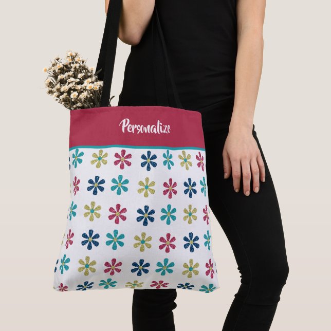 Trendy Chic Pink Blue Glitter Flowers Girly Cute Tote Bag (Close Up)