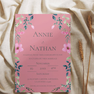 Trendy Chic Pink Floral Frame Wedding Invitation