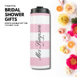 Trendy Chic Pink Stripe Bride to Be Gift Tumbler<br><div class="desc">Perfect gift for a bridal or wedding shower,  this thermal tumbler features a trendy,  chic pale pink horizontal stripe pattern background with elegant black typography design.  Add the brides future surname and the year of marriage for a unique,  useful keepsake!  Ideal anniversary gift or bachelorette party gift.</div>