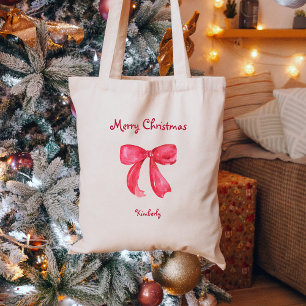 Trendy Chic Red Bow Merry Christmas Tote Bag