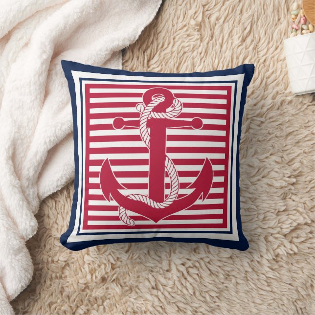Trendy Chic Retro Boat Anchor Cute Stripes Pattern Throw Pillow (Blanket)