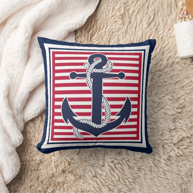 Trendy Chic Retro Boat Anchor Cute Stripes Pattern Throw Pillow (Blanket)