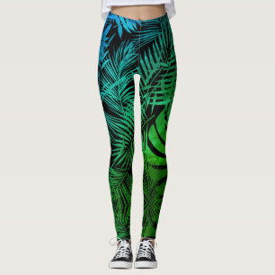 Trendy chic teal green ombre tropical palm leaves leggings
