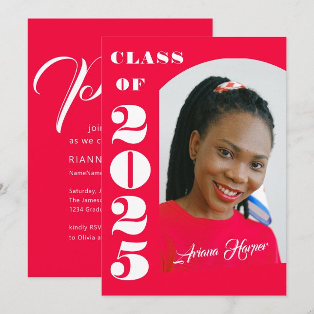 Trendy Chic White Script Pink Graduation Party Invitation (Front/Back)