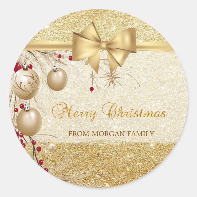 Trendy  Christmas Balls Faux Gold Bow,Glittery Classic Round Sticker (Front)
