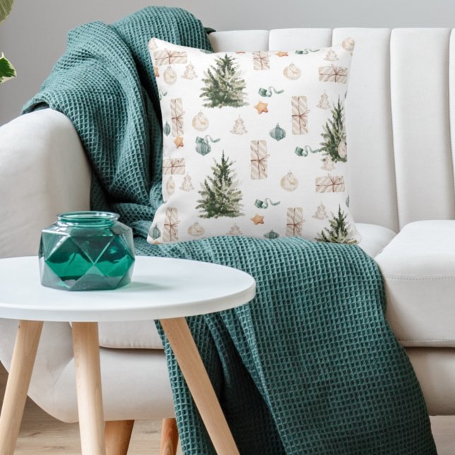 Trendy Christmas Pattern | Watercolor  Throw Pillow (Creator Uploaded)