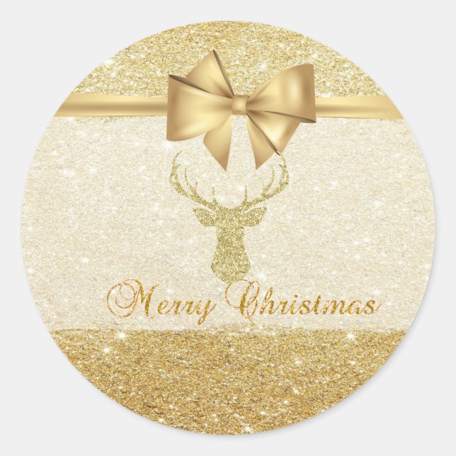 Trendy  Christmas Reindeer ,Faux Gold Bow,Glittery Classic Round Sticker (Front)