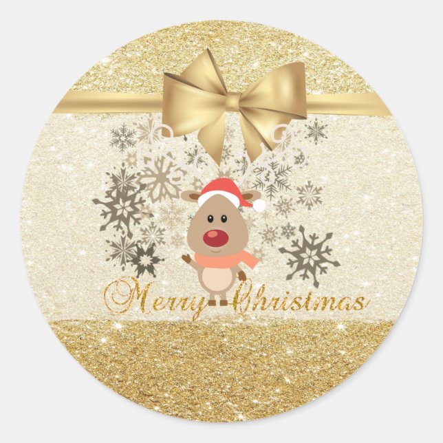 Trendy  Christmas Reindeer ,Faux Gold Bow,Glittery Classic Round Sticker (Front)