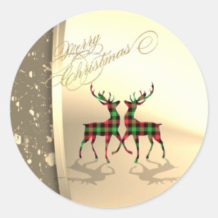 Trendy Christmas Reindeers Buffalo Plaid Classic Round Sticker
