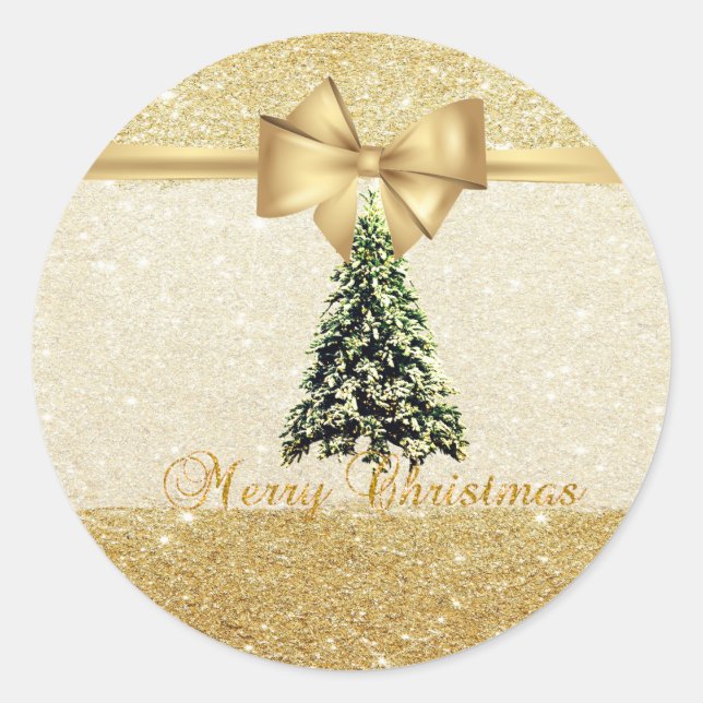 Trendy  Christmas Tree,Faux Gold Bow,Glittery Classic Round Sticker (Front)