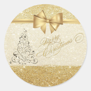 Trendy Christmas Tree ,Faux Gold Bow,Glittery Classic Round Sticker