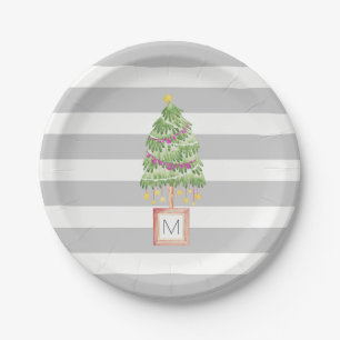 Trendy Christmas Tree monogram, holiday decor Paper Plate