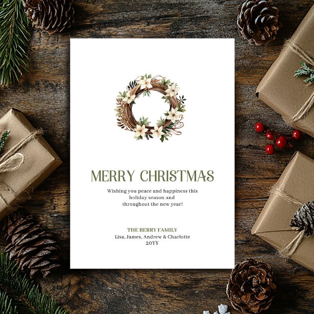 Trendy Christmas Wreath Sage Neutral Holiday Card (Trendy Christmas Ornament Sage Neutral Holiday Card)