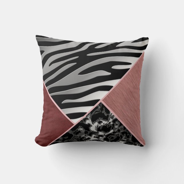 Trendy Chrome Suede Silver Black Pink Animal Print Throw Pillow (Front)