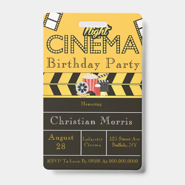 Trendy Cinema Any Age Birthday Party Badge (Front)