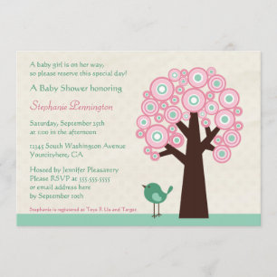 Trendy circle tree and bird baby shower invitation